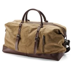 Vintage Caramel Canvas And Brown Leather Duffle Bag