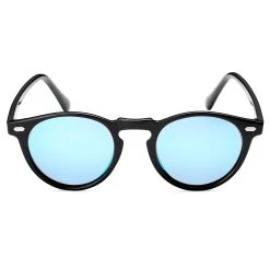 Retro Round Black & Baby Blue Polarised Sunglasses