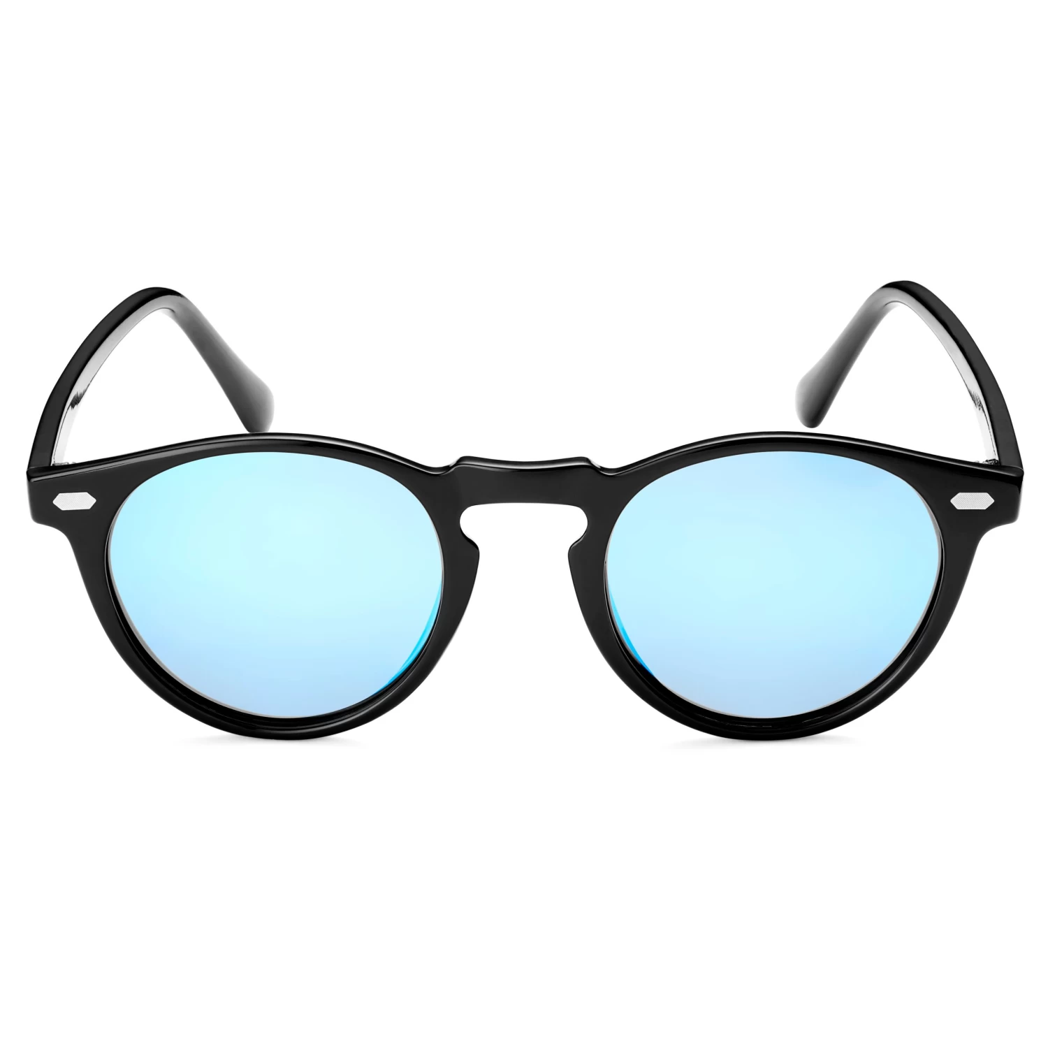 Retro Round Black & Baby Blue Polarised Sunglasses