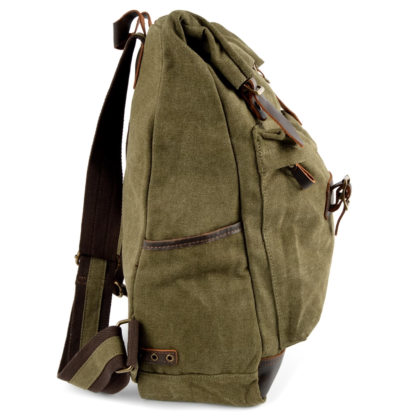 Olive Green Canvas & Taupe Leather Backpack - Image 5
