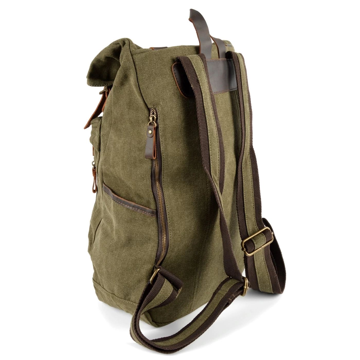 Olive Green Canvas & Taupe Leather Backpack - Image 7