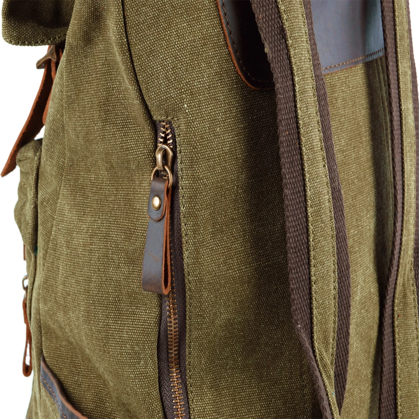 Olive Green Canvas & Taupe Leather Backpack - Image 8