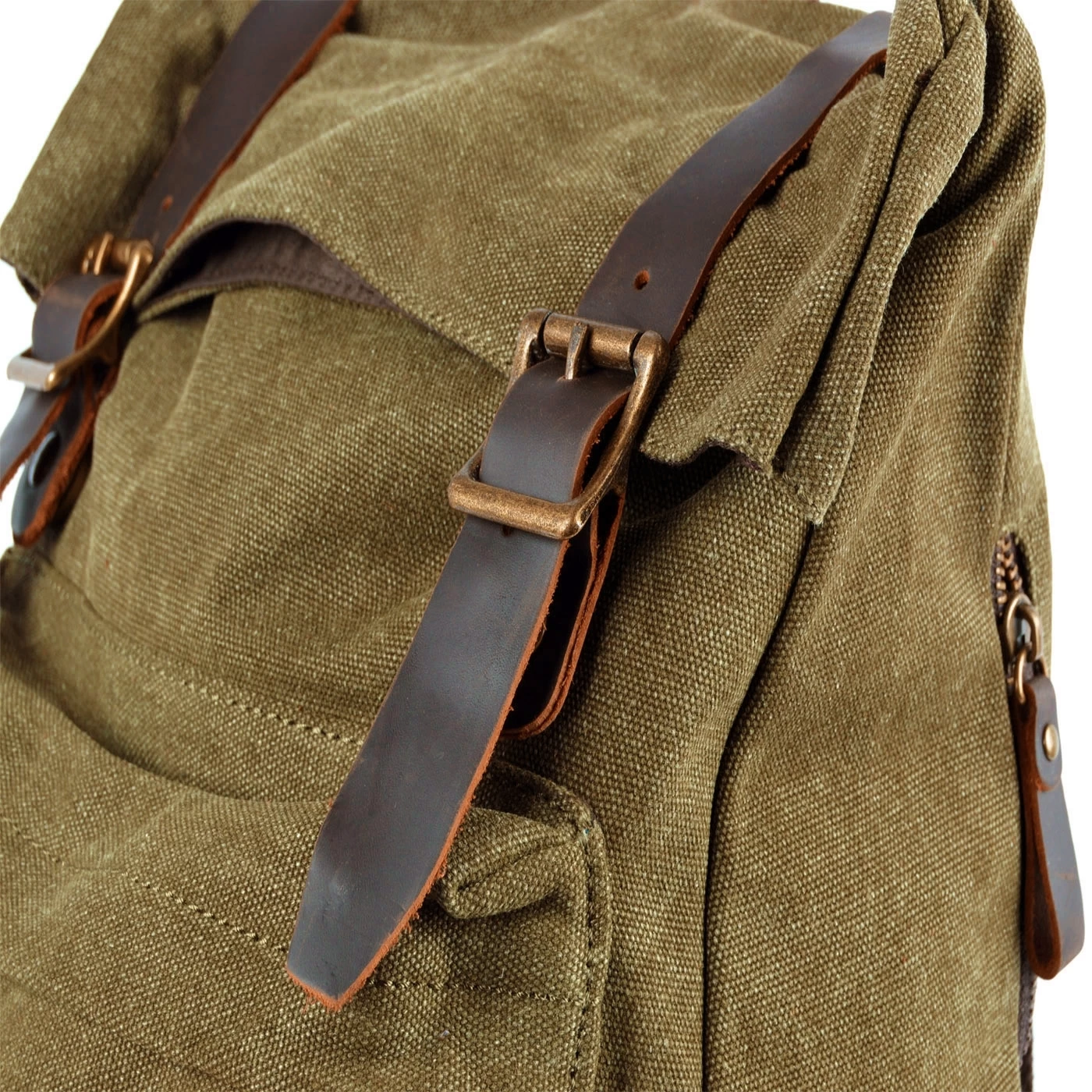 Olive Green Canvas & Taupe Leather Backpack - Image 9