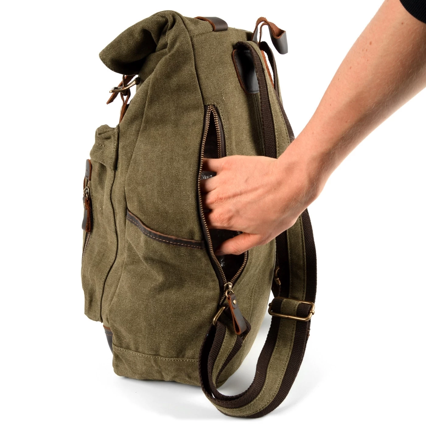 Olive Green Canvas & Taupe Leather Backpack - Image 11