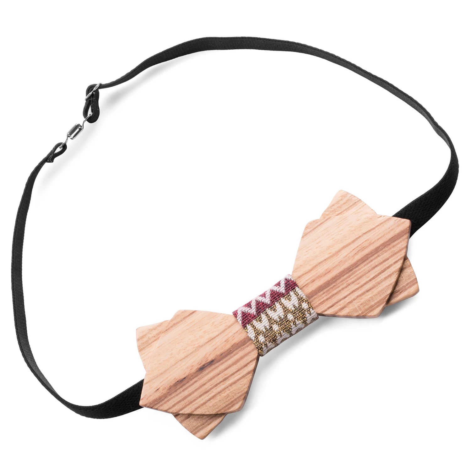 Navajo Zebrawood Double Wenge Bow Tie With Patterned Fabric Detail - Image 2