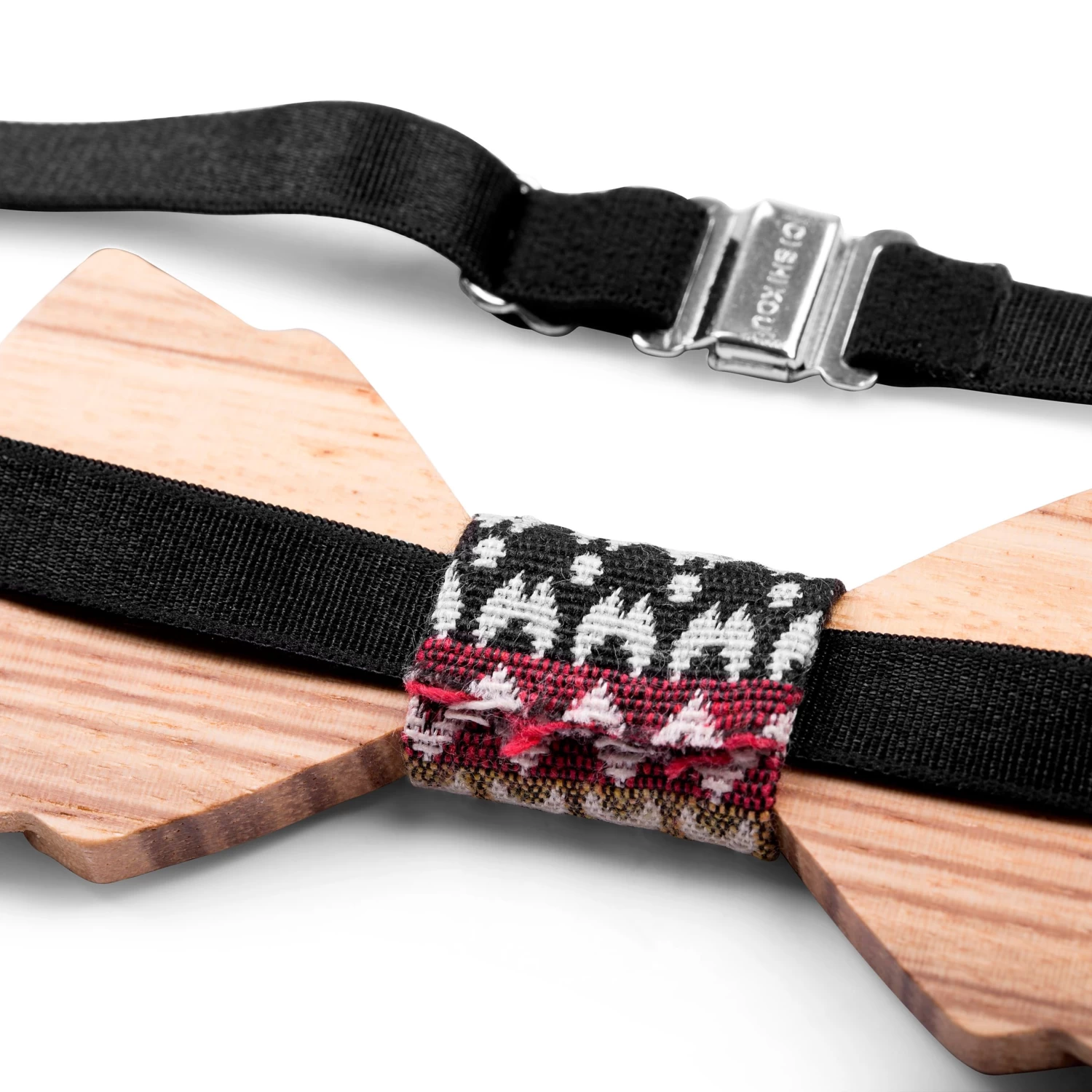Navajo Zebrawood Double Wenge Bow Tie With Patterned Fabric Detail - Image 3