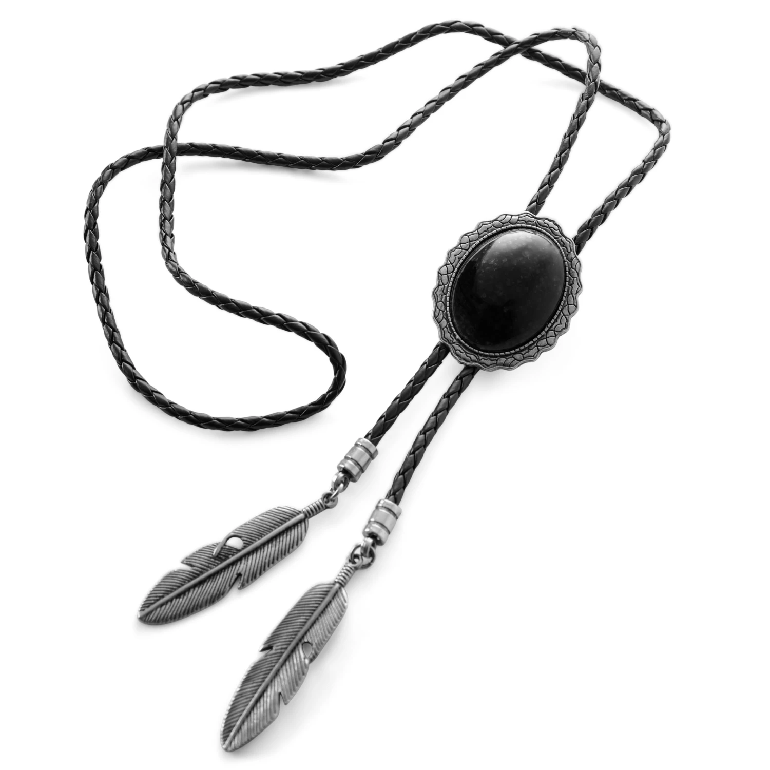 Black Stone & Metal Feathers Adjustable Braided Leather Bolo Tie - Image 2