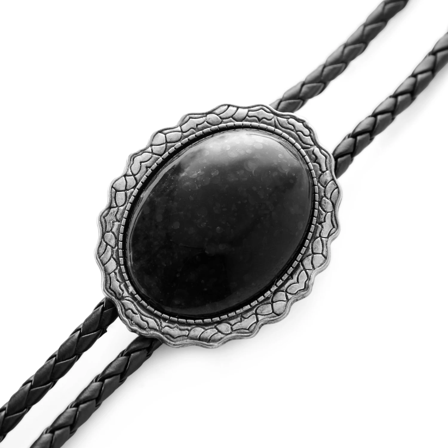 Black Stone & Metal Feathers Adjustable Braided Leather Bolo Tie - Image 3