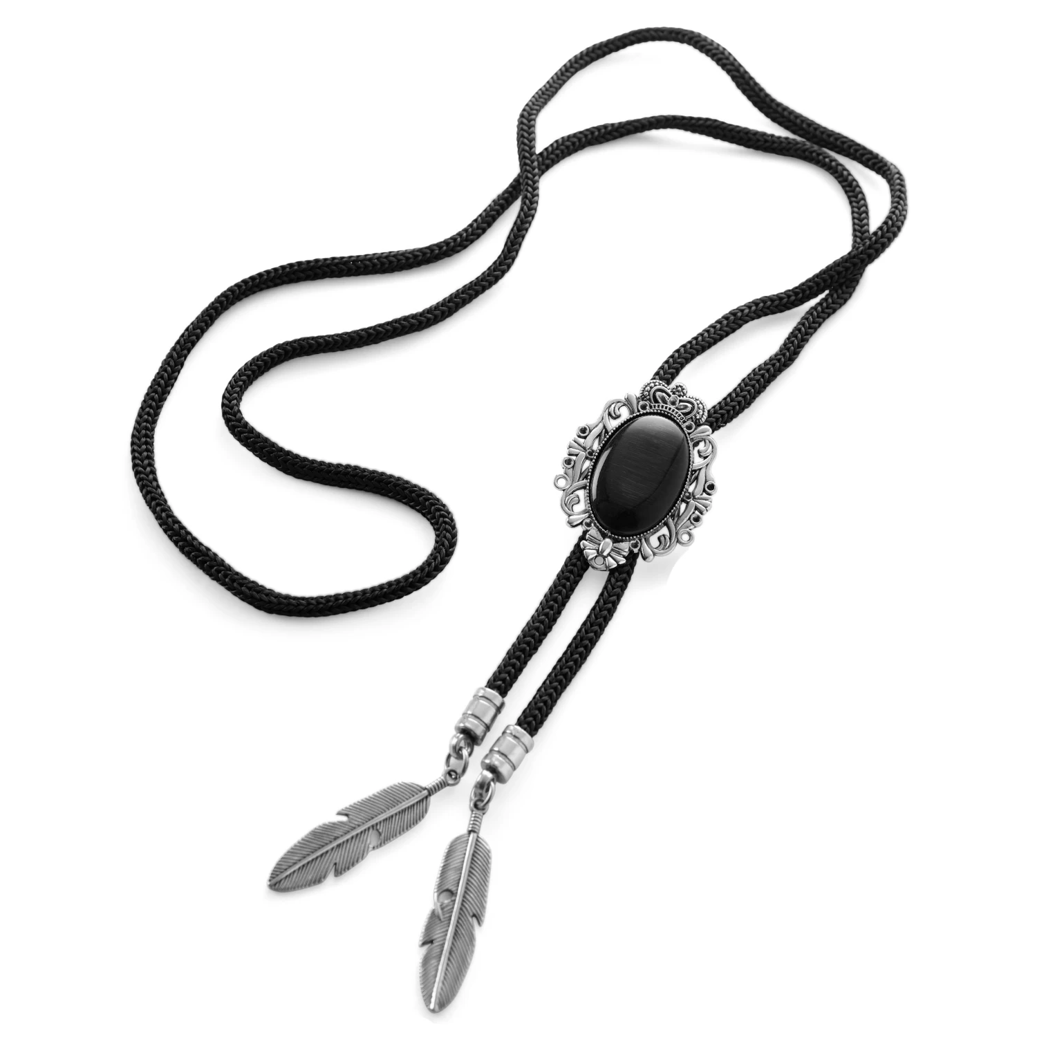 Black Stone & Metal Feathers Adjustable Bolo Tie - Image 2