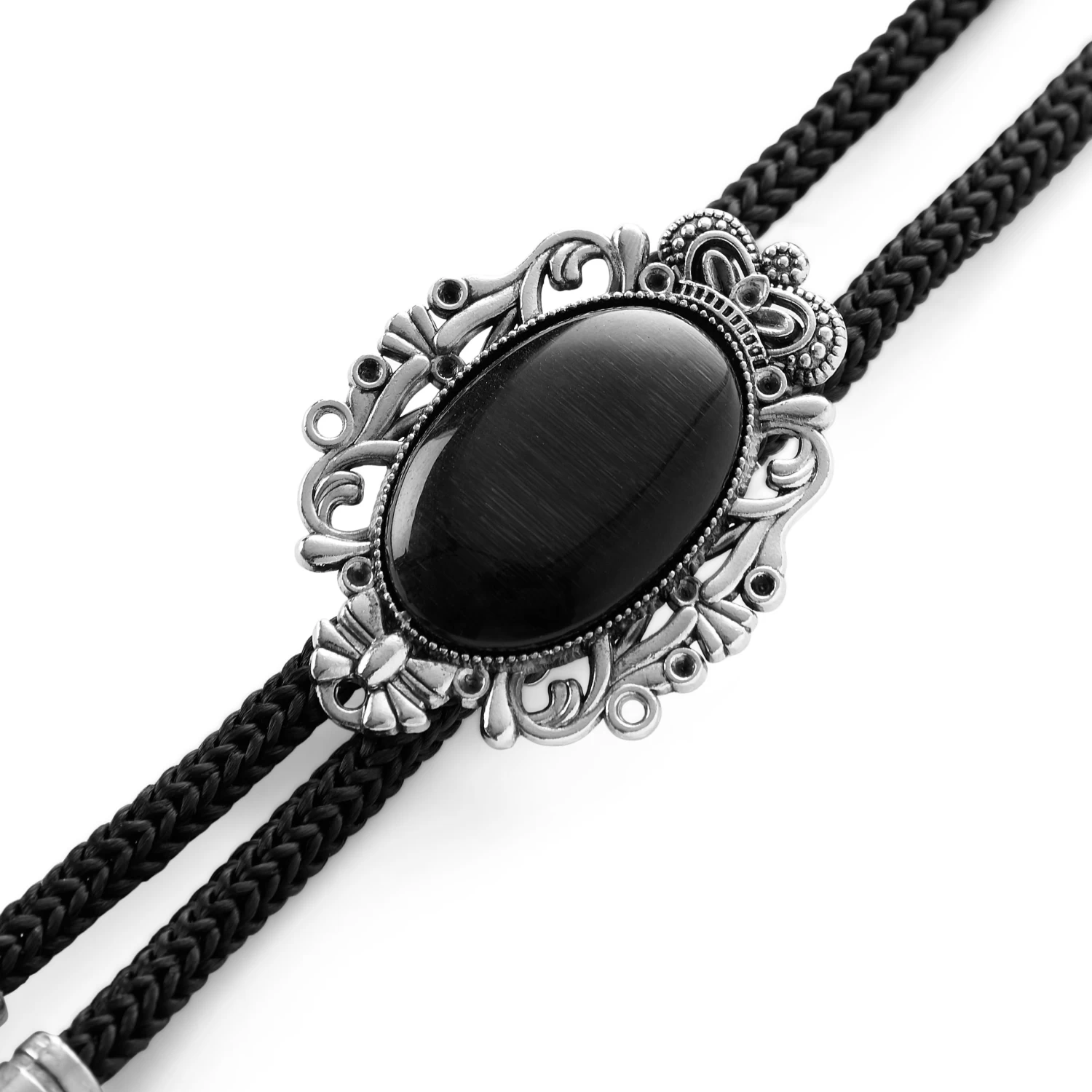 Black Stone & Metal Feathers Adjustable Bolo Tie - Image 3