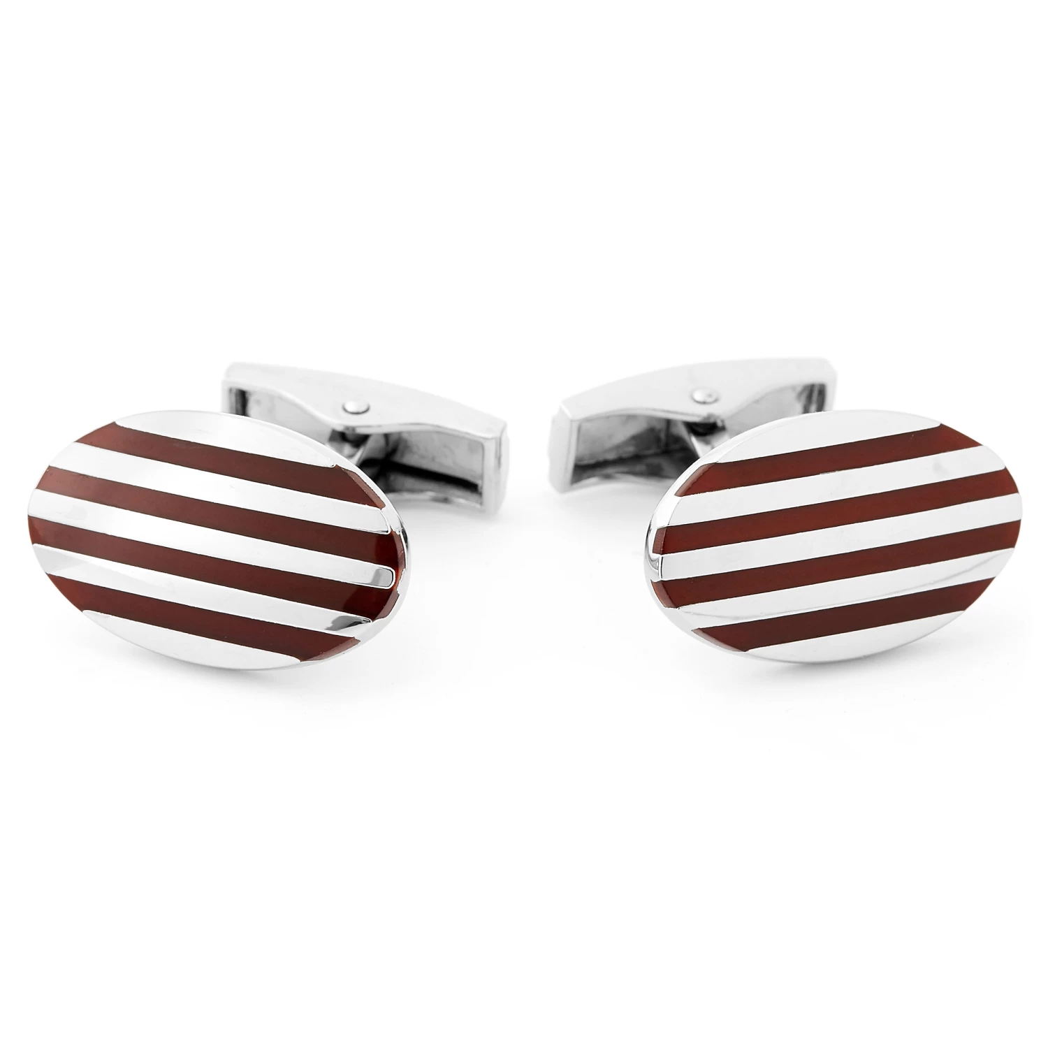 Silver-Tone & Brown Pinstripe Cufflinks & Tie Clip Set - Image 6
