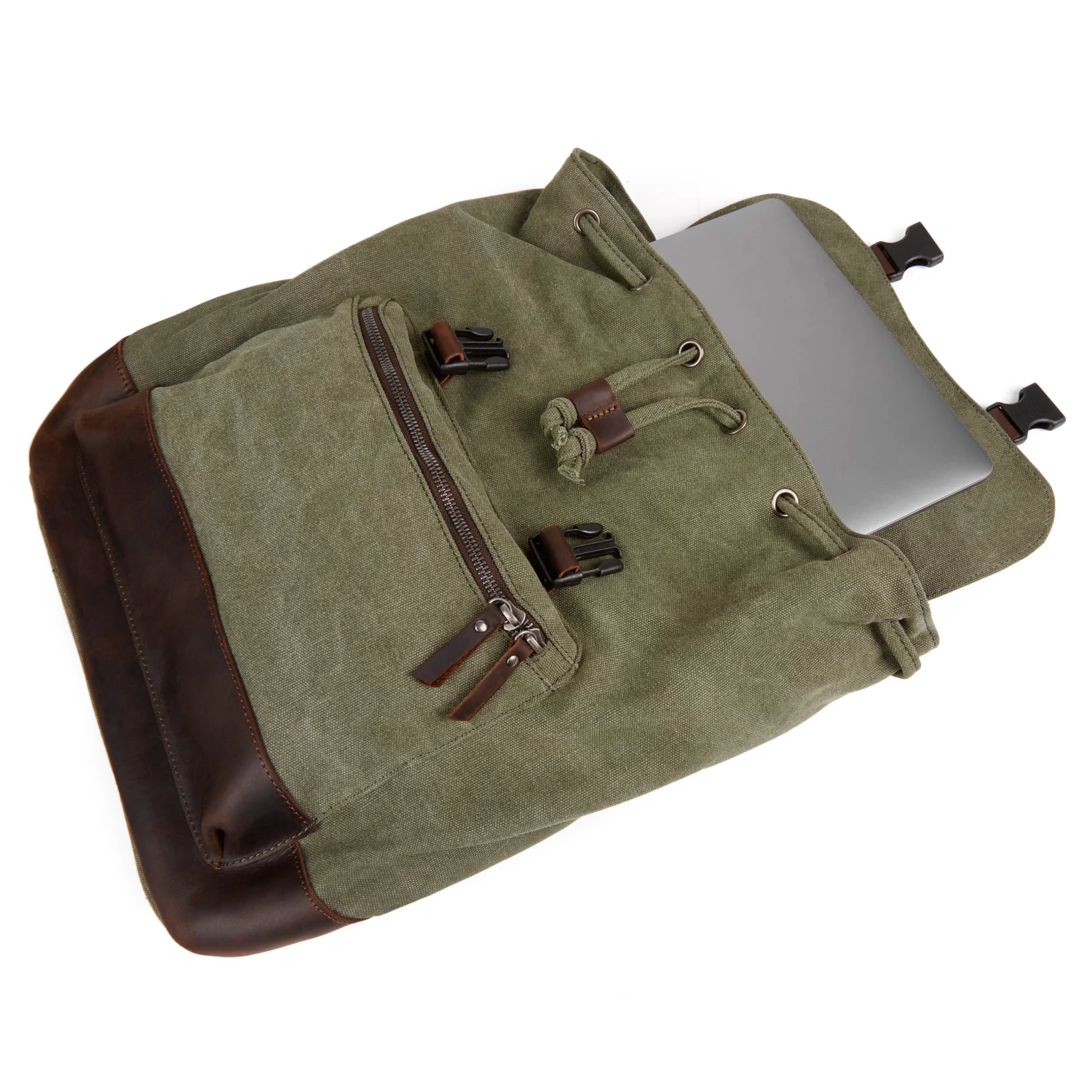 Tarpa | Olive Green Canvas & Dark Brown Leather Backpack - Image 8