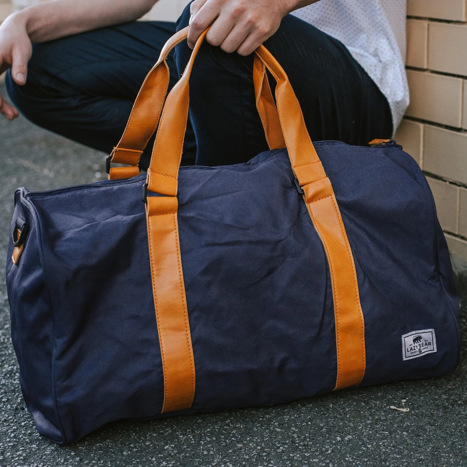 Lewis | Navy Blue Polyester & Tan Faux Leather Duffle Bag - Image 11