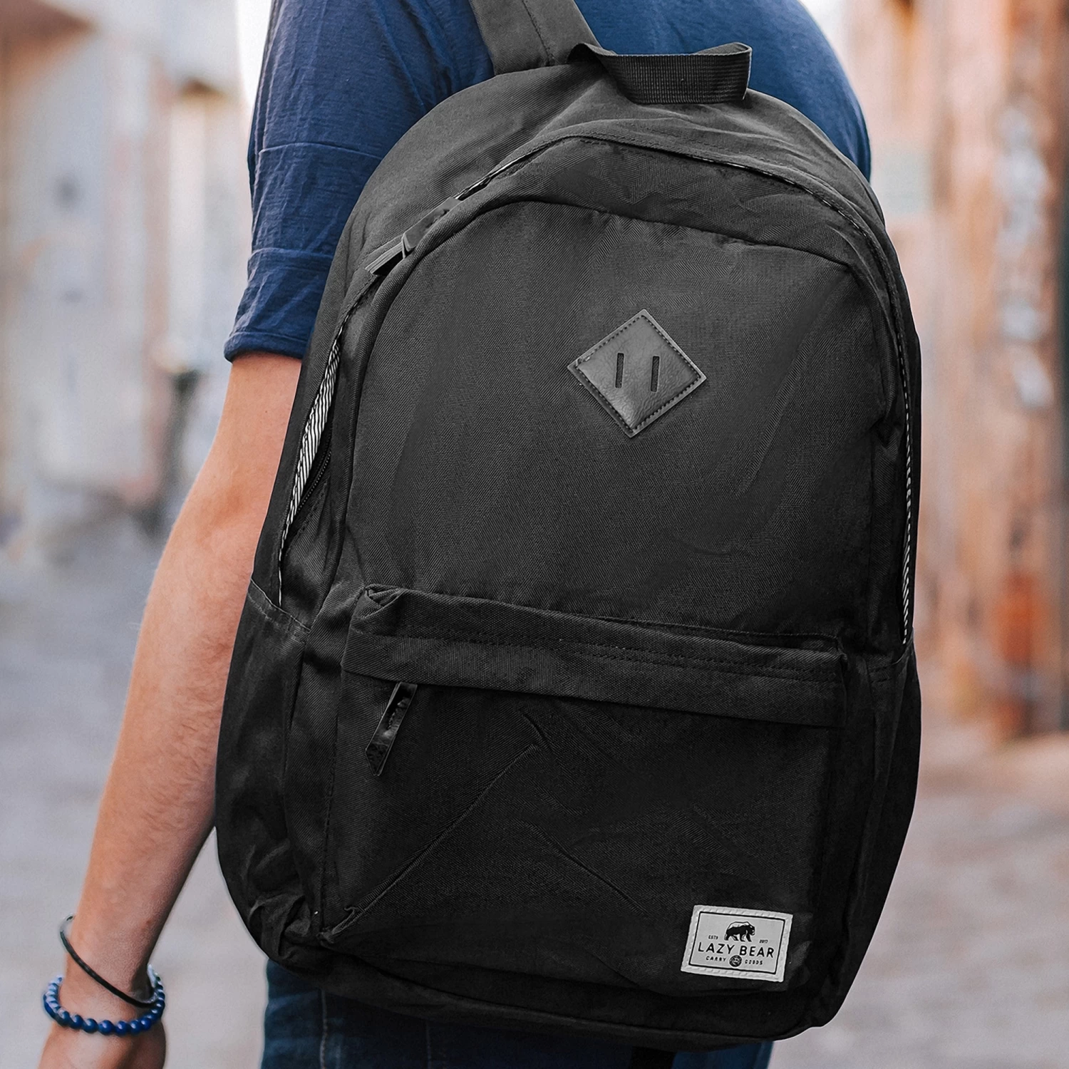 Lewis | Black Polyester & Faux Leather Simple Backpack - Image 11