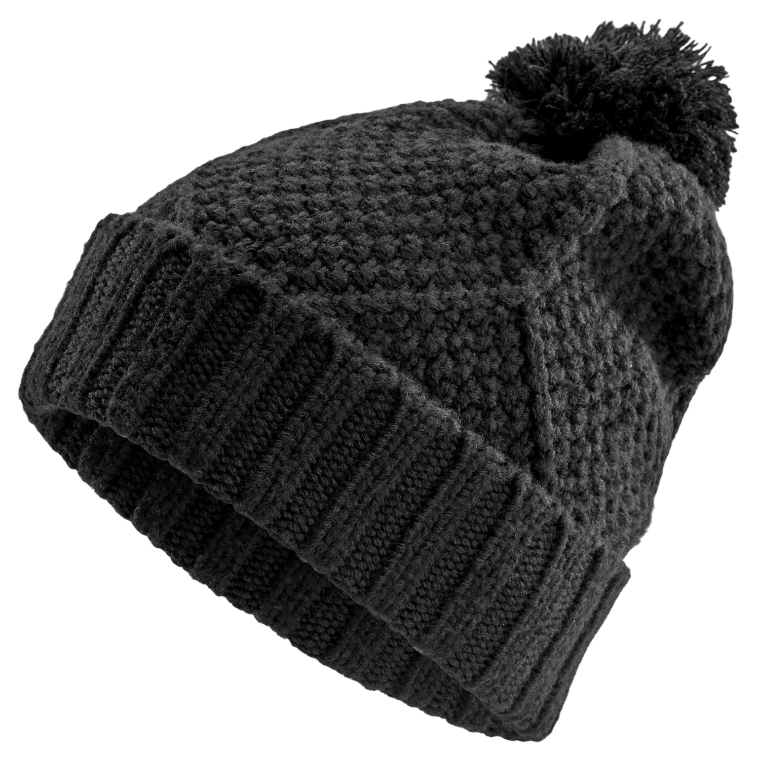 Black Merino Wool Chunky Knitted Rib Beanie With Tassel