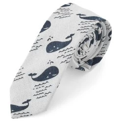 White & Light Blue Whale Pattern Linen Tie