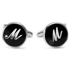 Round Silver-Tone & Black Letter M Initial Cufflinks