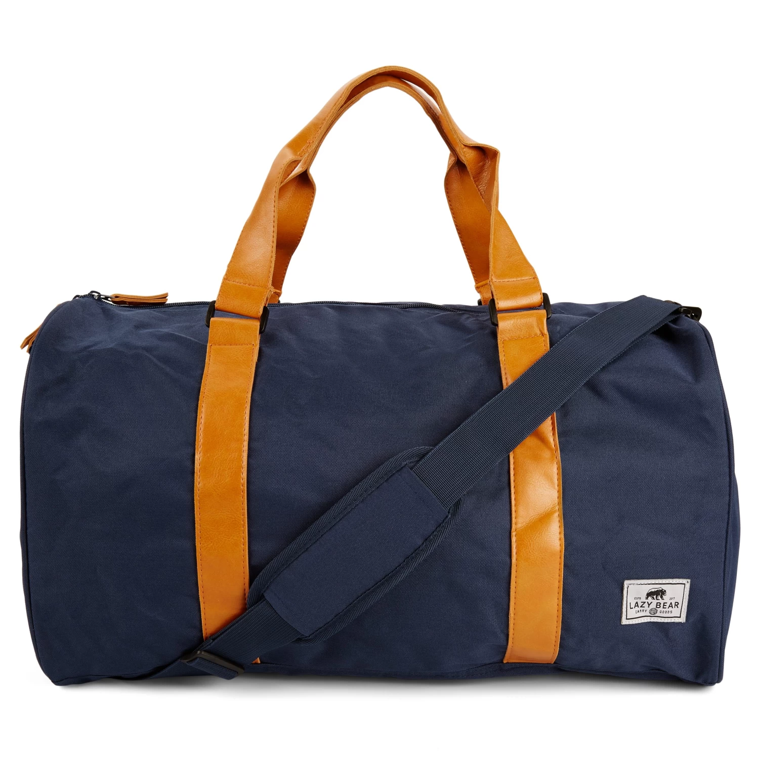 Lewis | Navy Blue Polyester & Tan Faux Leather Duffle Bag - Image 2