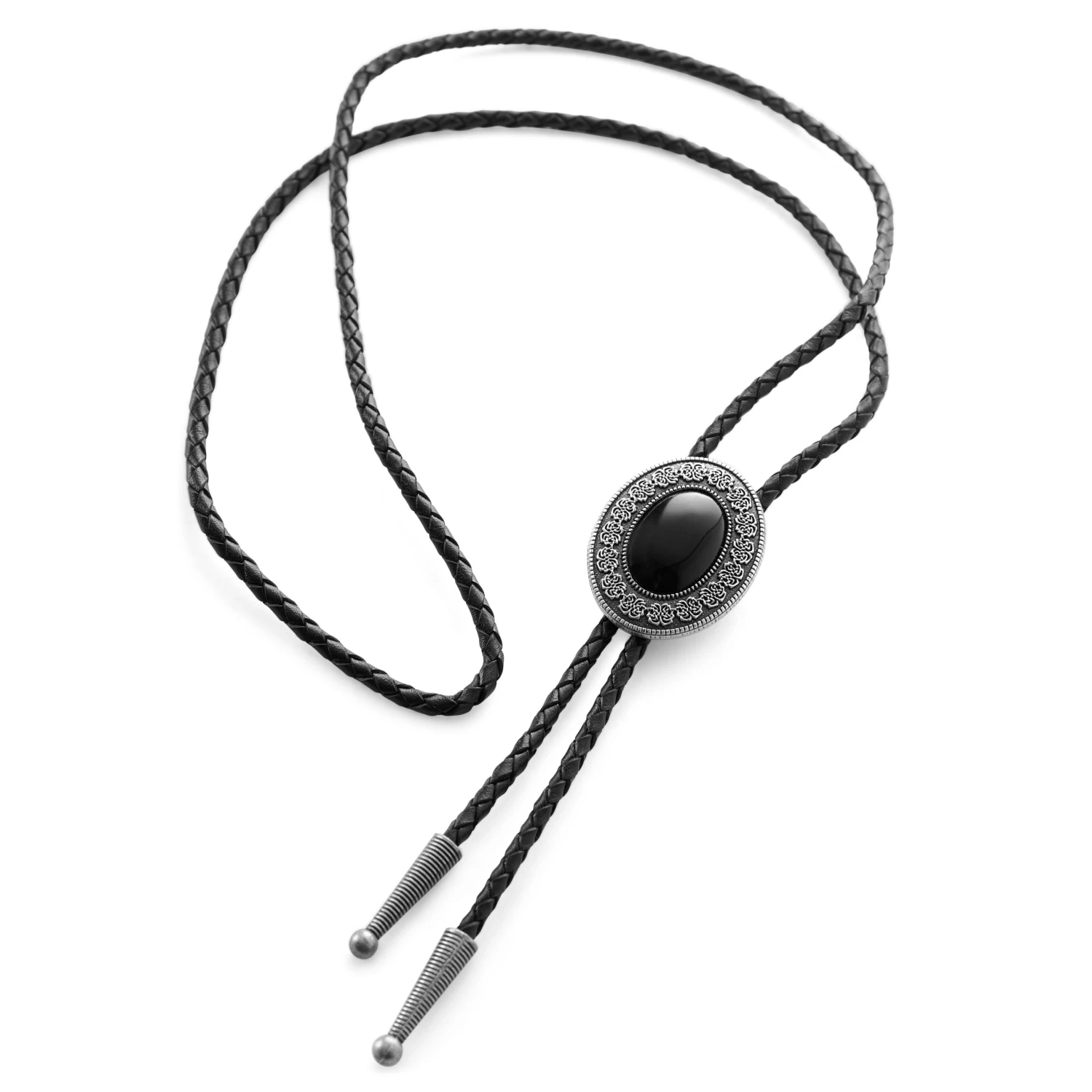 Obsidian Stone Adjustable Braided Leather Bolo Tie - Image 2