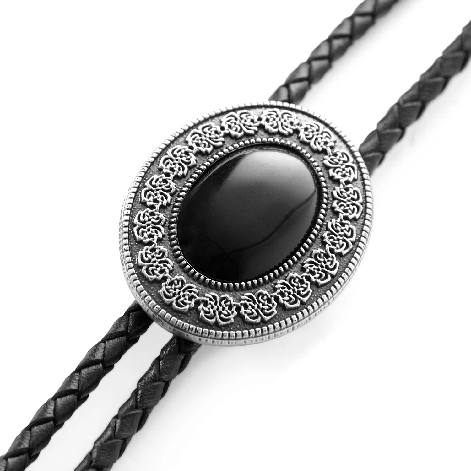 Obsidian Stone Adjustable Braided Leather Bolo Tie - Image 3