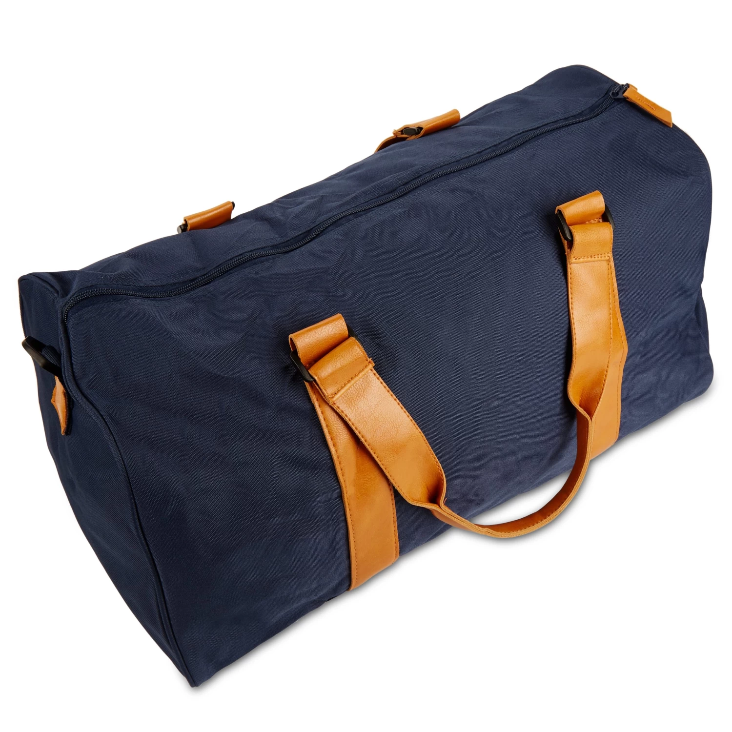 Lewis | Navy Blue Polyester & Tan Faux Leather Duffle Bag - Image 6