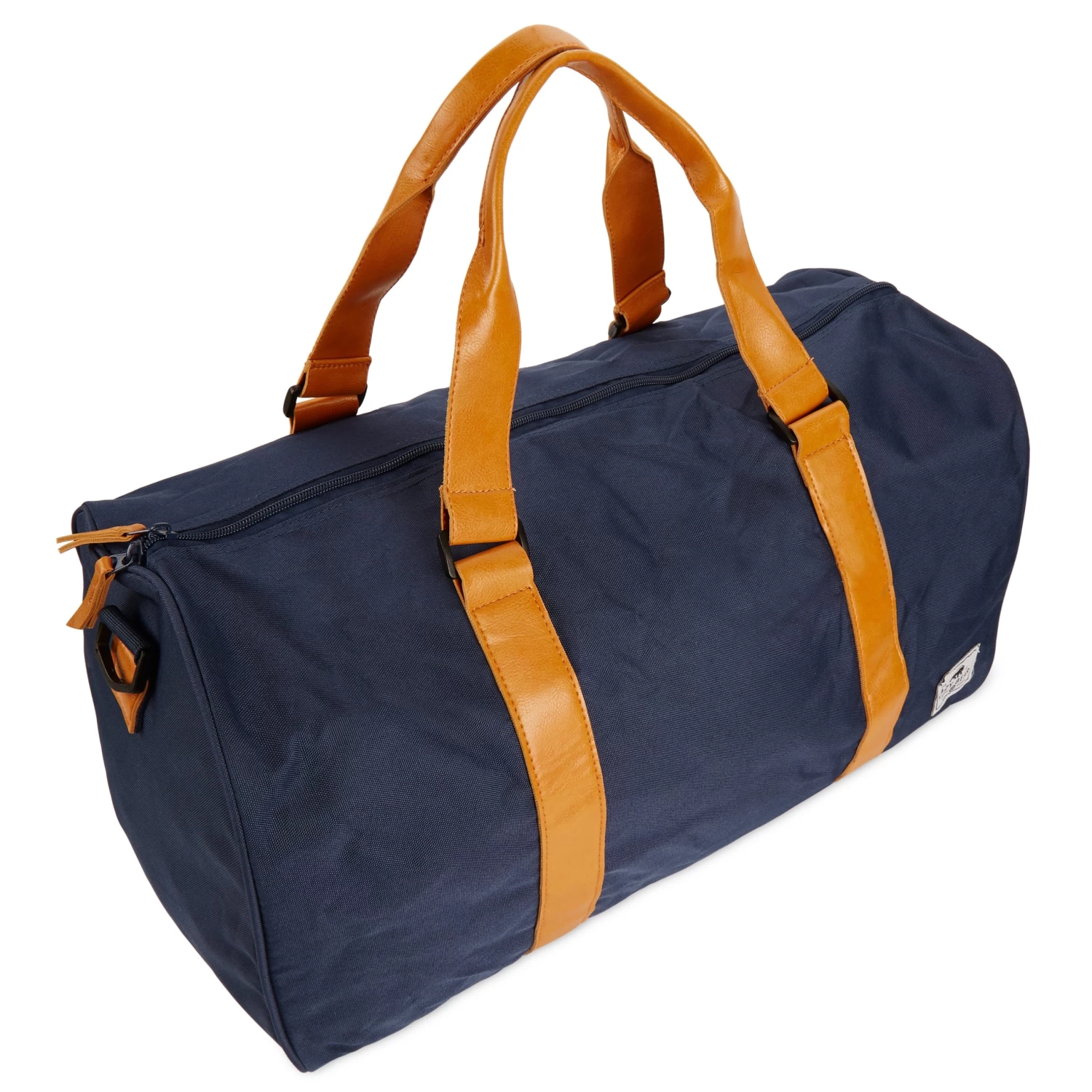 Lewis | Navy Blue Polyester & Tan Faux Leather Duffle Bag - Image 7