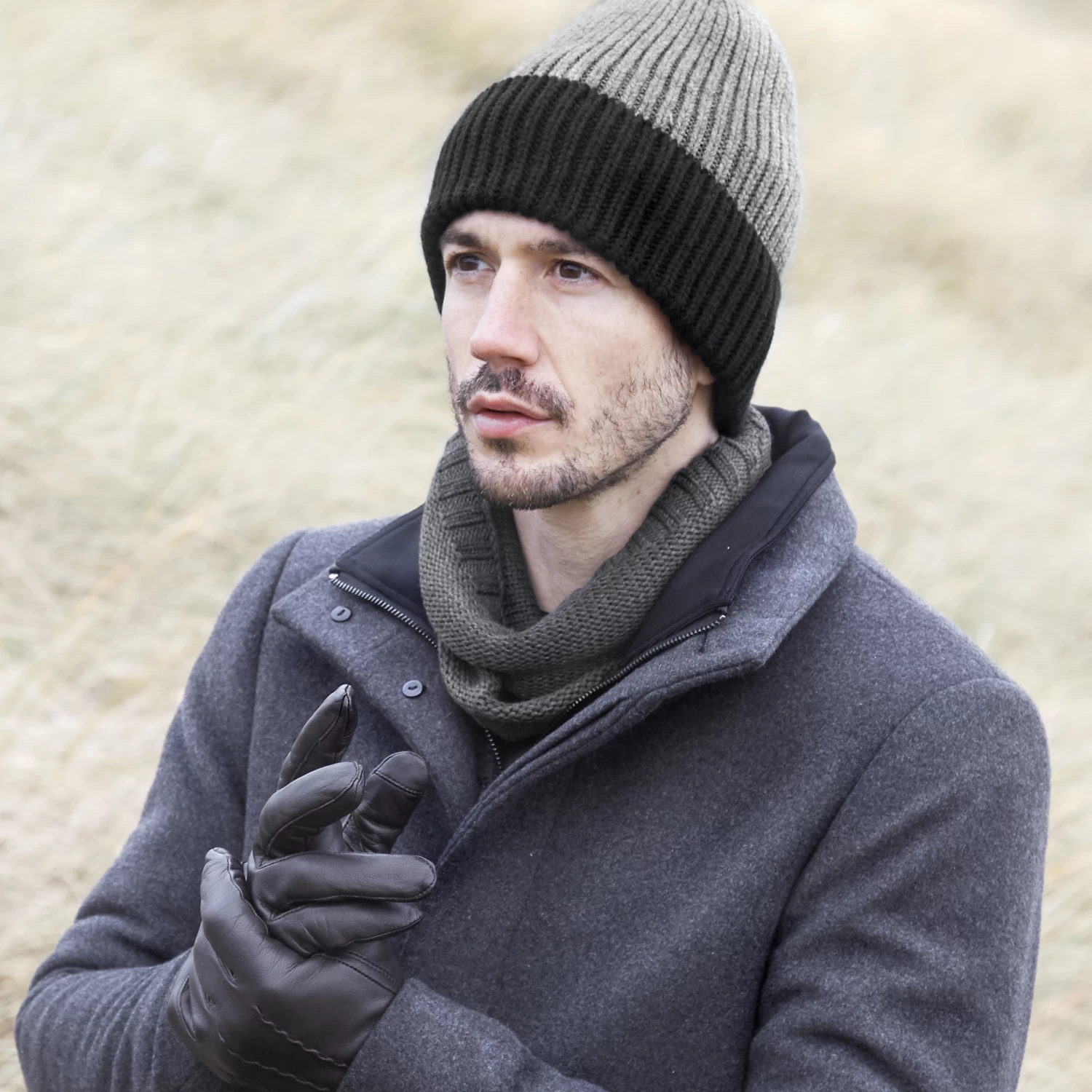 Montagna | Black & Camouflage Grey Chunky Knitted Rib Beanie - Image 2
