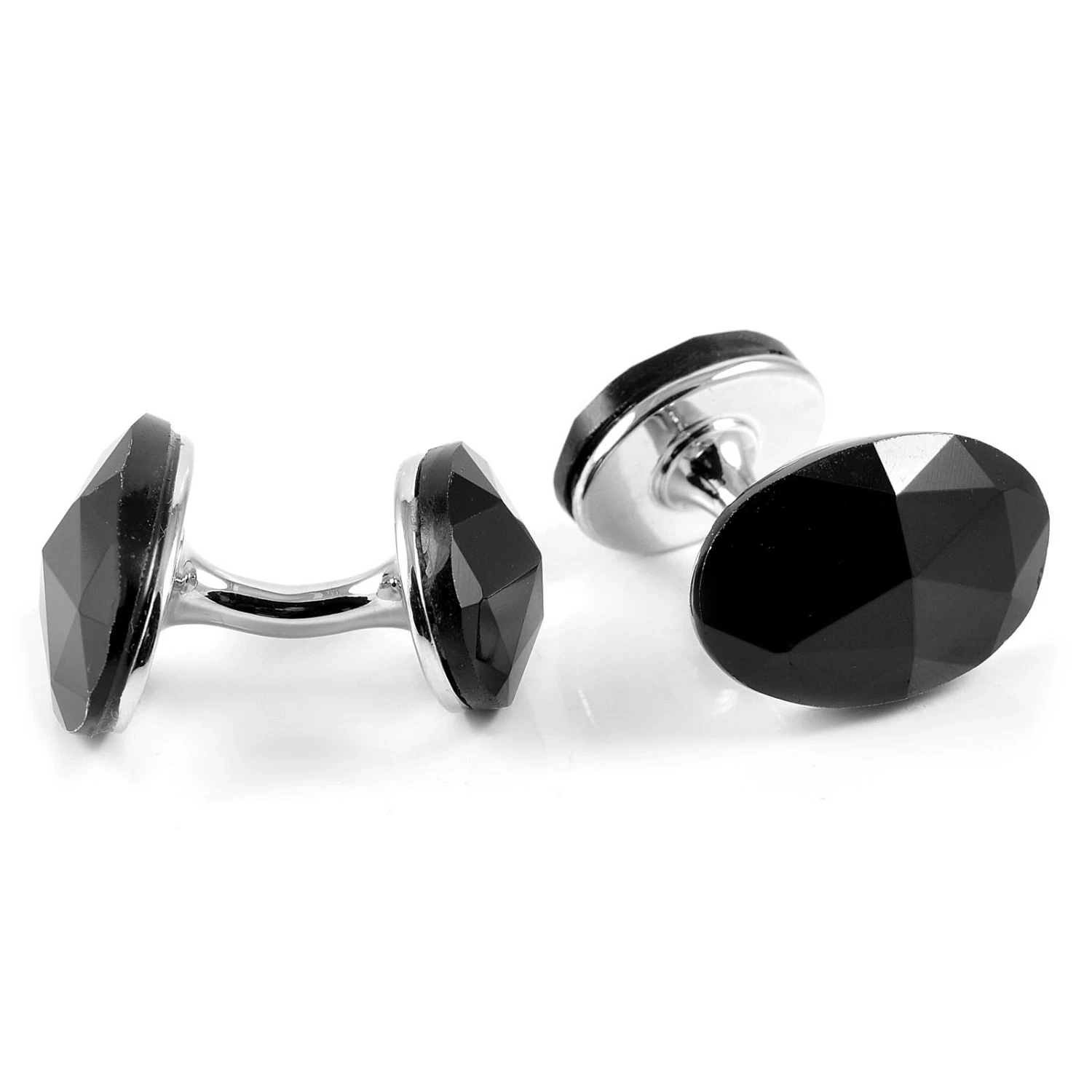 Silver-Tone & Black Stone Cufflinks & Tie Clip Set - Image 3