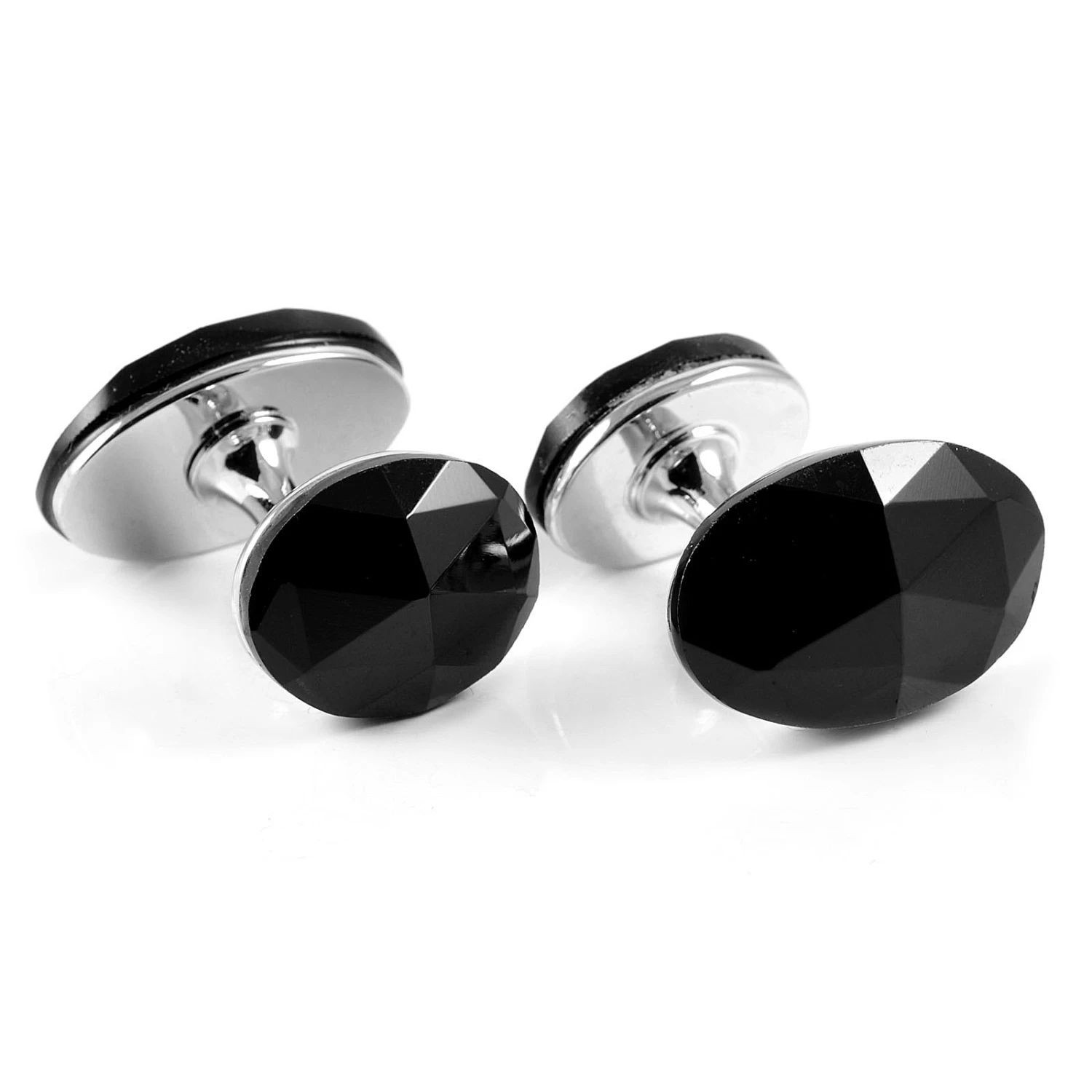 Silver-Tone & Black Stone Cufflinks & Tie Clip Set - Image 4