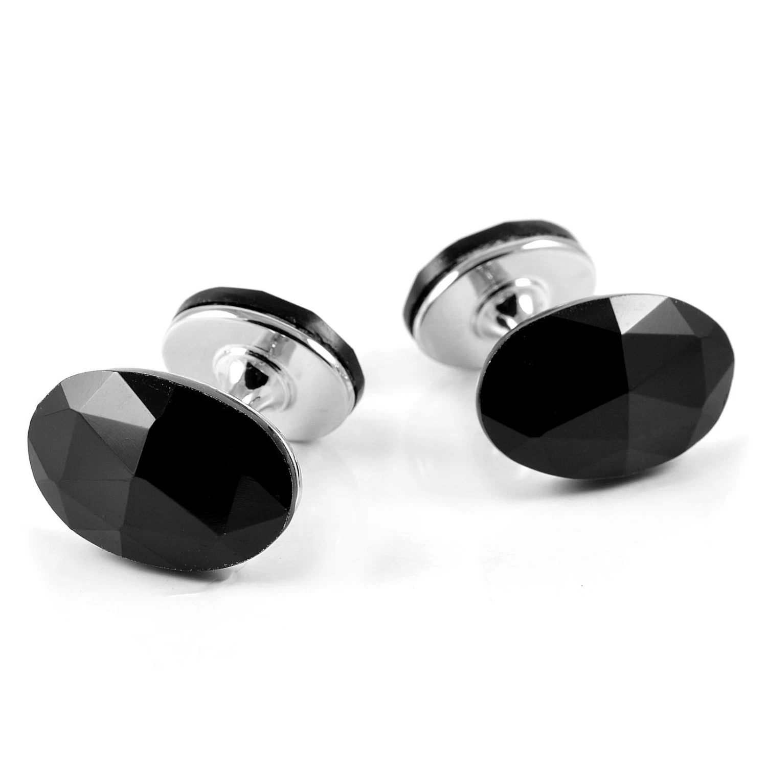 Silver-Tone & Black Stone Cufflinks & Tie Clip Set - Image 2