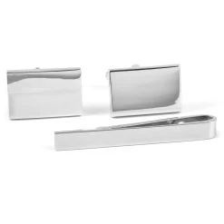 Silver-Tone Simple Cufflinks & Tie Clip Set