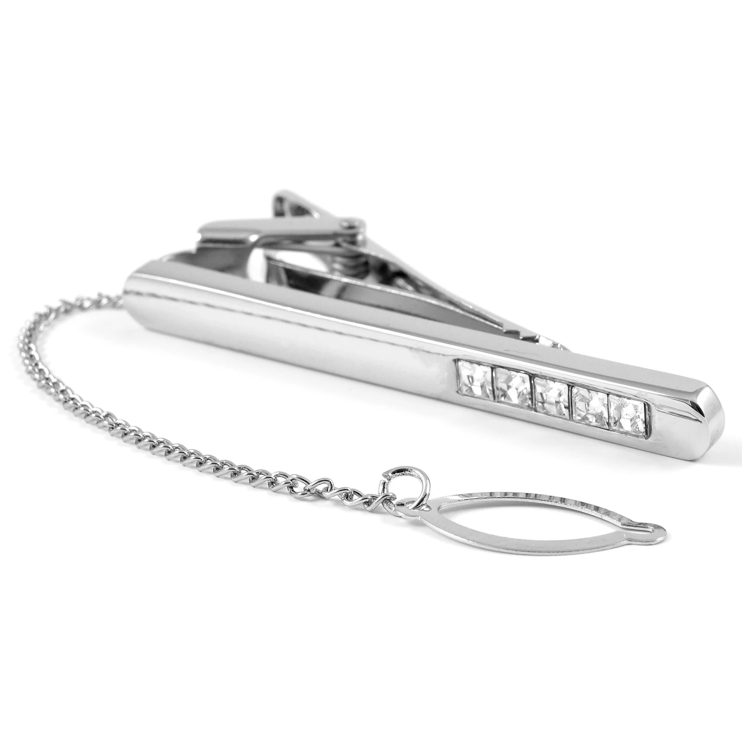 Silver-Tone & Zirconia Tie Clip With Chain - Image 2