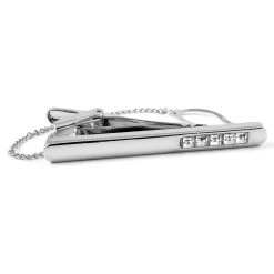 Silver-Tone & Zirconia Tie Clip With Chain