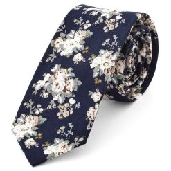 Navy Blue & White Floral Pattern Cotton Tie