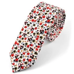 White, Red & Green Flower Print Cotton Tie