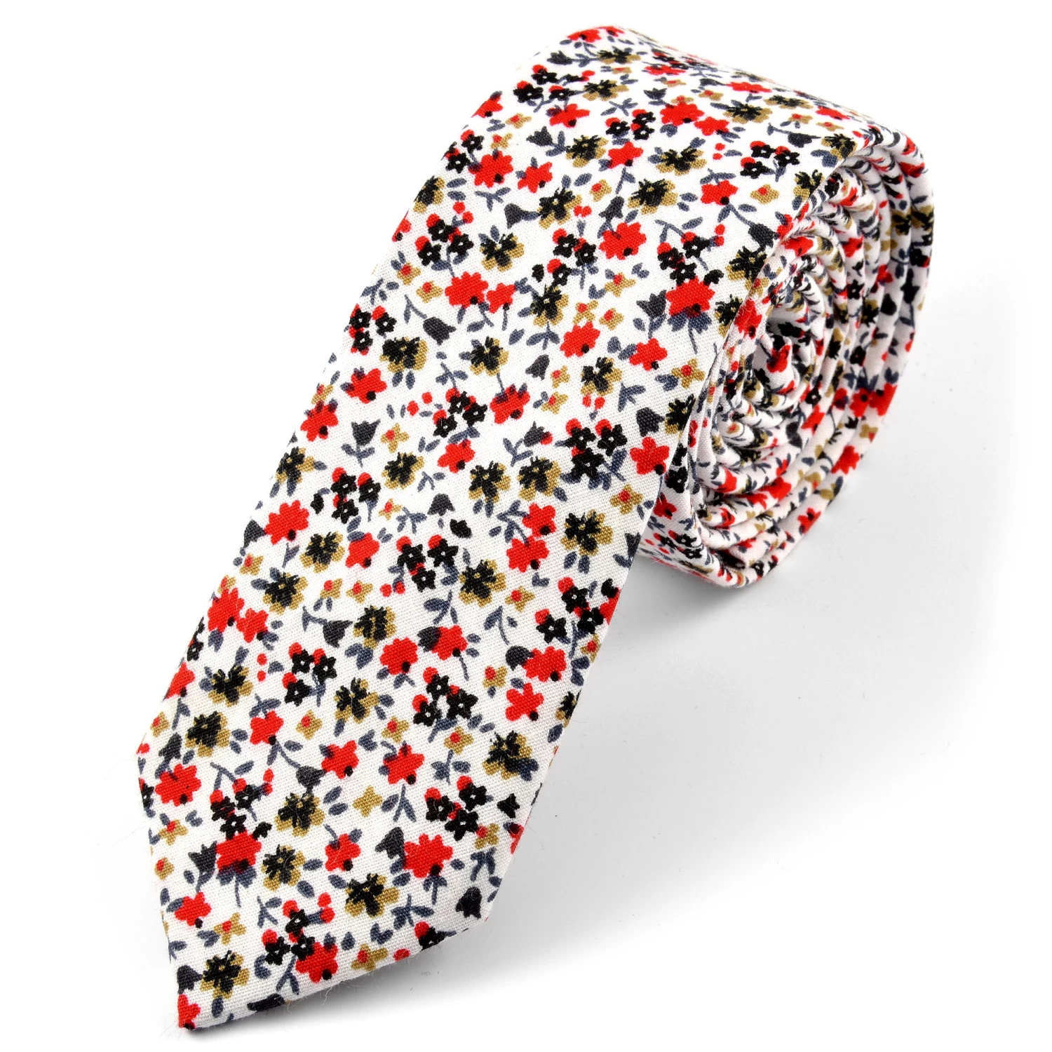 White, Red & Green Flower Print Cotton Tie