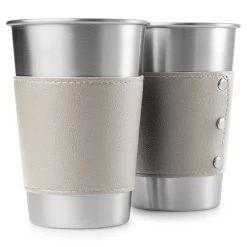 Deluxe Stainless Steel & Grey Leather Drinking Glass | 500 Ml