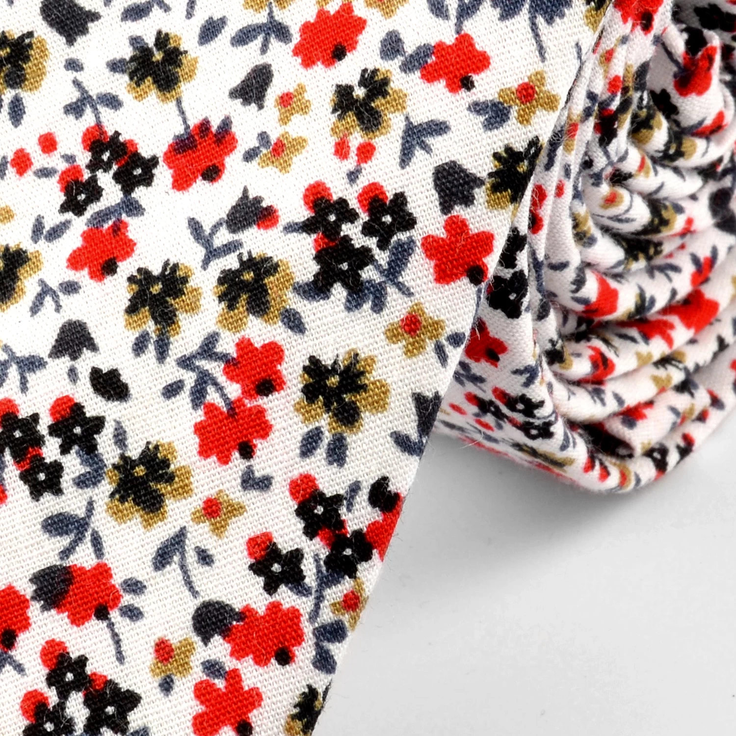 White, Red & Green Flower Print Cotton Tie - Image 2