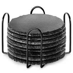 8 Round Stone Drink Coasters & Holder