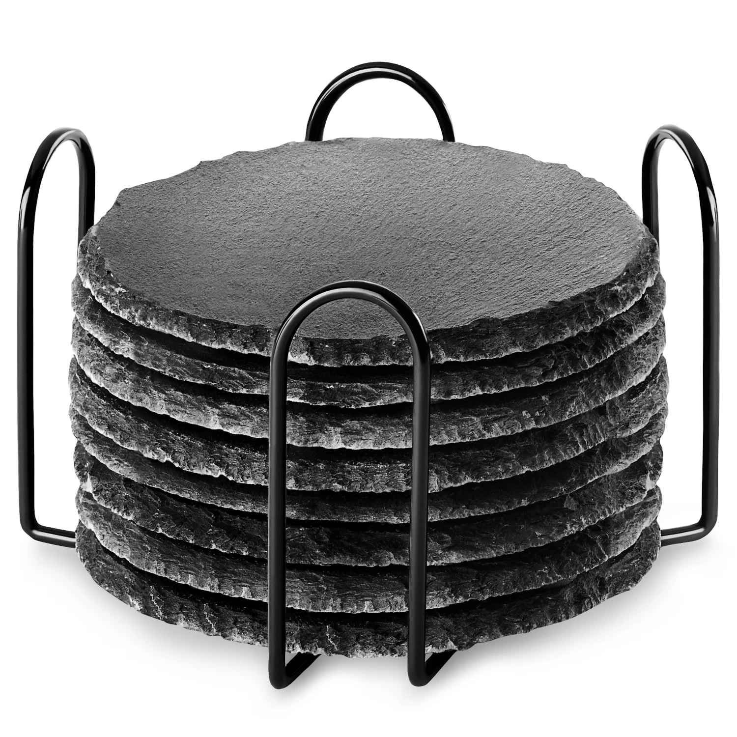 8 Round Stone Drink Coasters & Holder