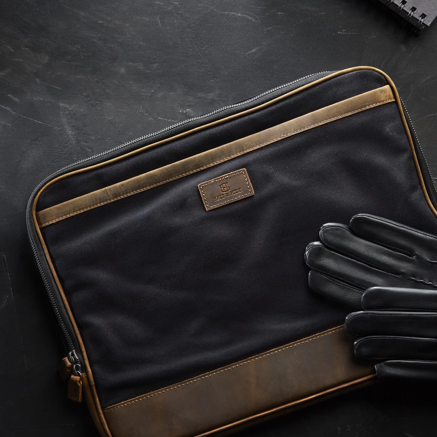 Tarpa | Black Canvas & Tan Leather Laptop Sleeve - Image 11