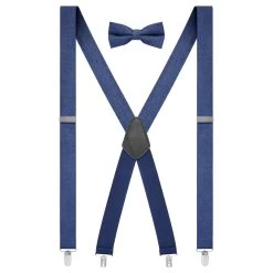 Navy Blue Denim X-Back Clip-On Braces & Pre-Tied Bow Tie Set