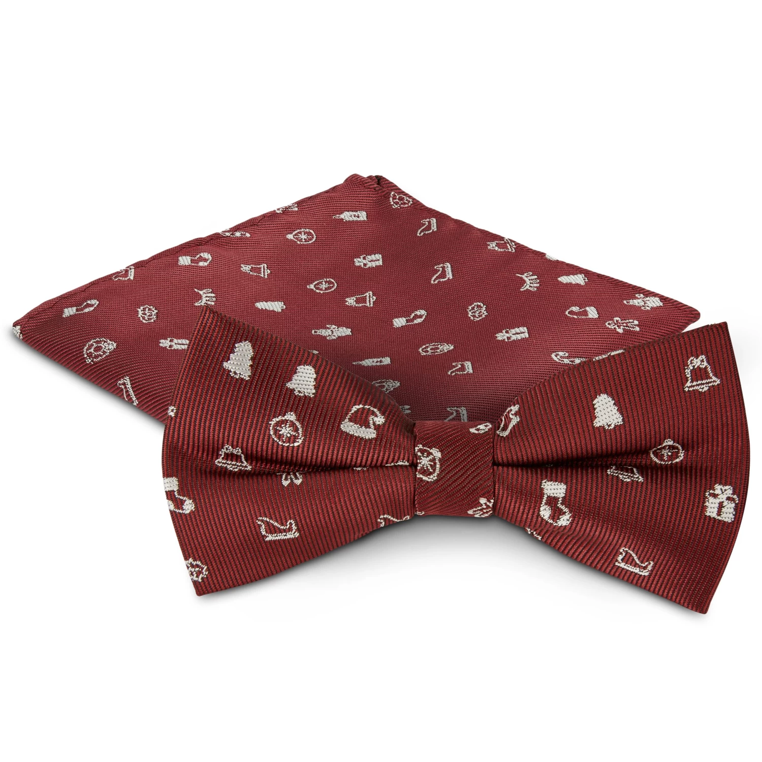 Burgundy Christmas Pre-Tied Bow Tie And Pocket Square Set