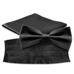Black Pre-Tied Bow Tie, Pocket Square, And Cummerbund Set