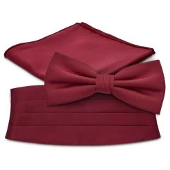 Burgundy Pre-Tied Bow Tie, Pocket Square, And Cummerbund Set