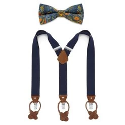 Blue Pre-Tied Silk Bow Tie And Black Braces Set