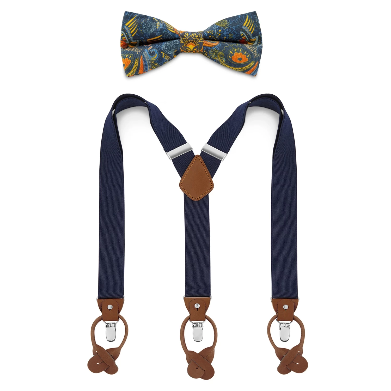 Blue Pre-Tied Silk Bow Tie And Black Braces Set