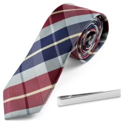 Plaid Necktie And Silver-Tone Tie Bar Set