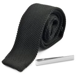 Black Knitted Necktie And Silver-Tone Tie Bar Set