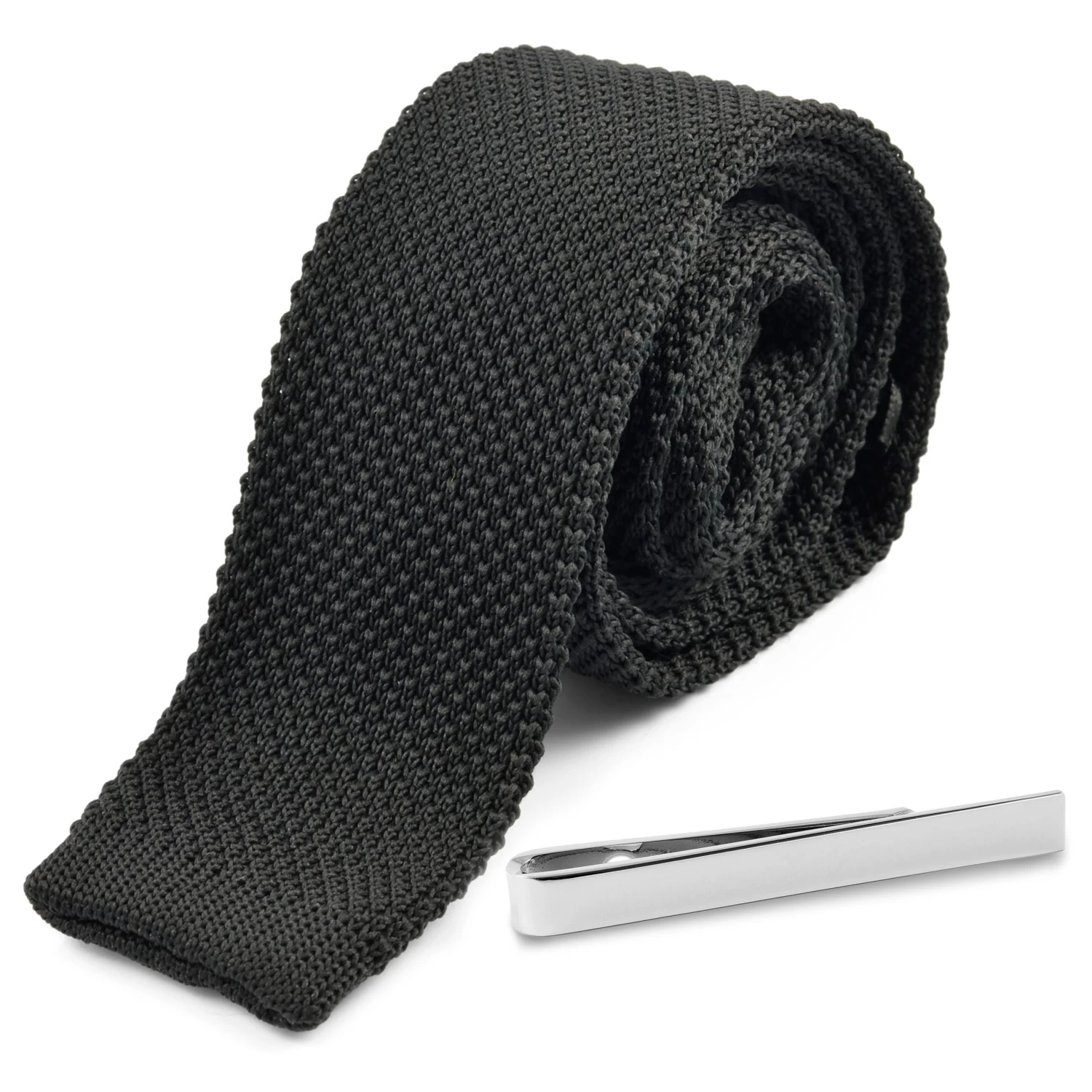 Black Knitted Necktie And Silver-Tone Tie Bar Set